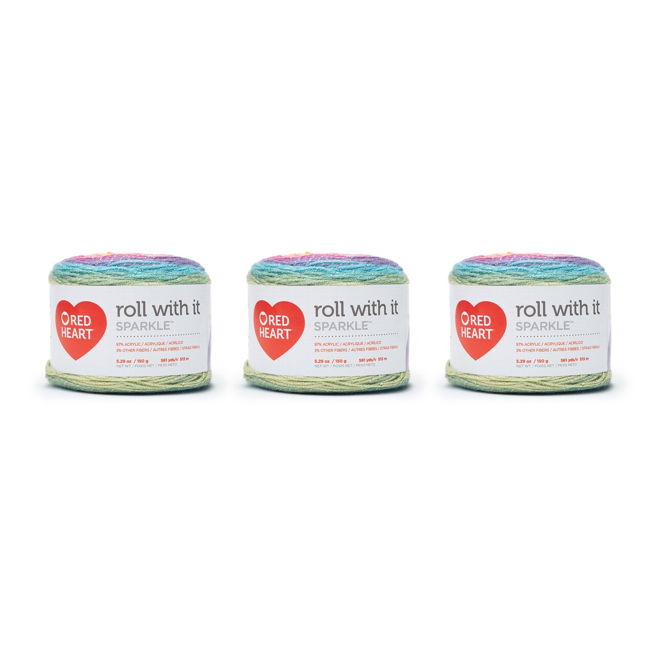 Red Heart Roll With It Sparkle Magic Yarn - 3 Pack of 150g/5.3oz - Acrylic Blend - 4 Medium (Worsted) - 561 Yards - Knitting/Crochet